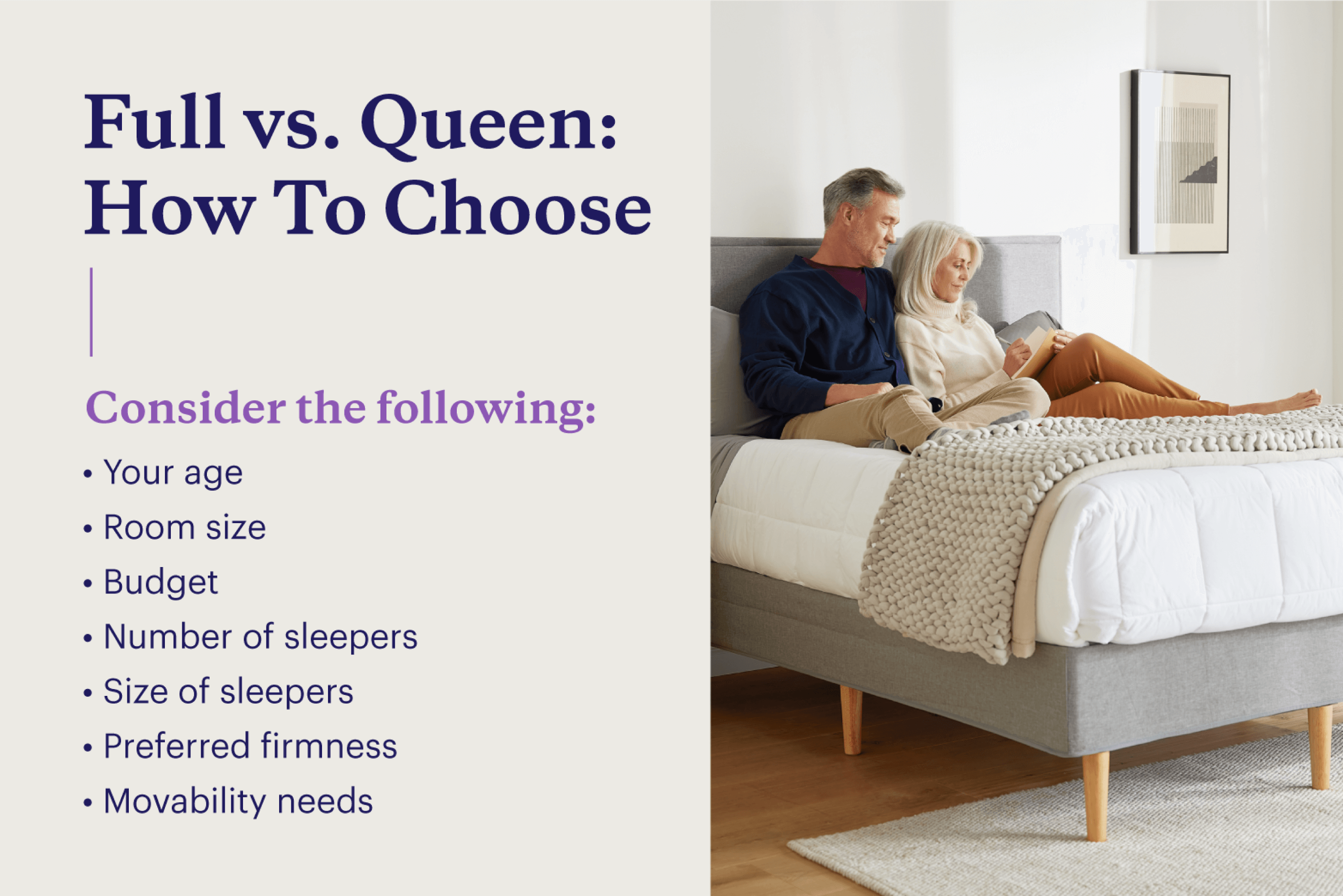 Seven considerations for choosing between full vs. queen size mattresses.