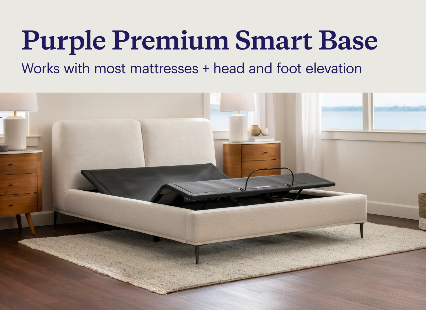 Key features of the Purple Premium Smart Base shown in a beachy bedroom.