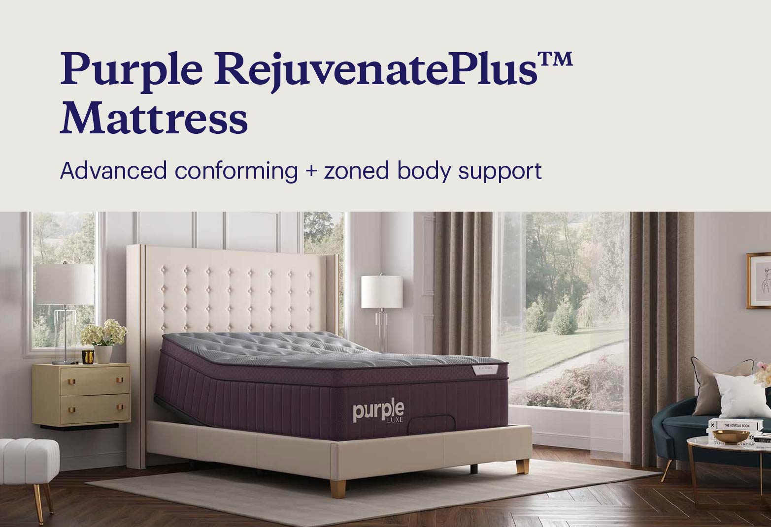 Purple’s RejuvenatePlus™ on an adjustable base in an airy, contemporary bedroom.