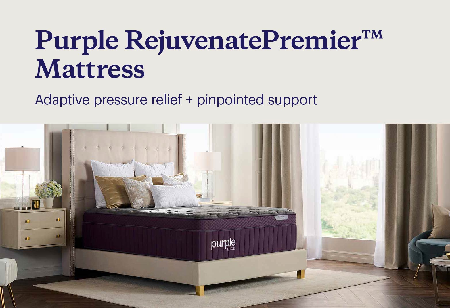 Key features of the Purple RejuvenatePremier™ mattress shown with the bed on an upholstered bedframe in a contemporary bedroom.