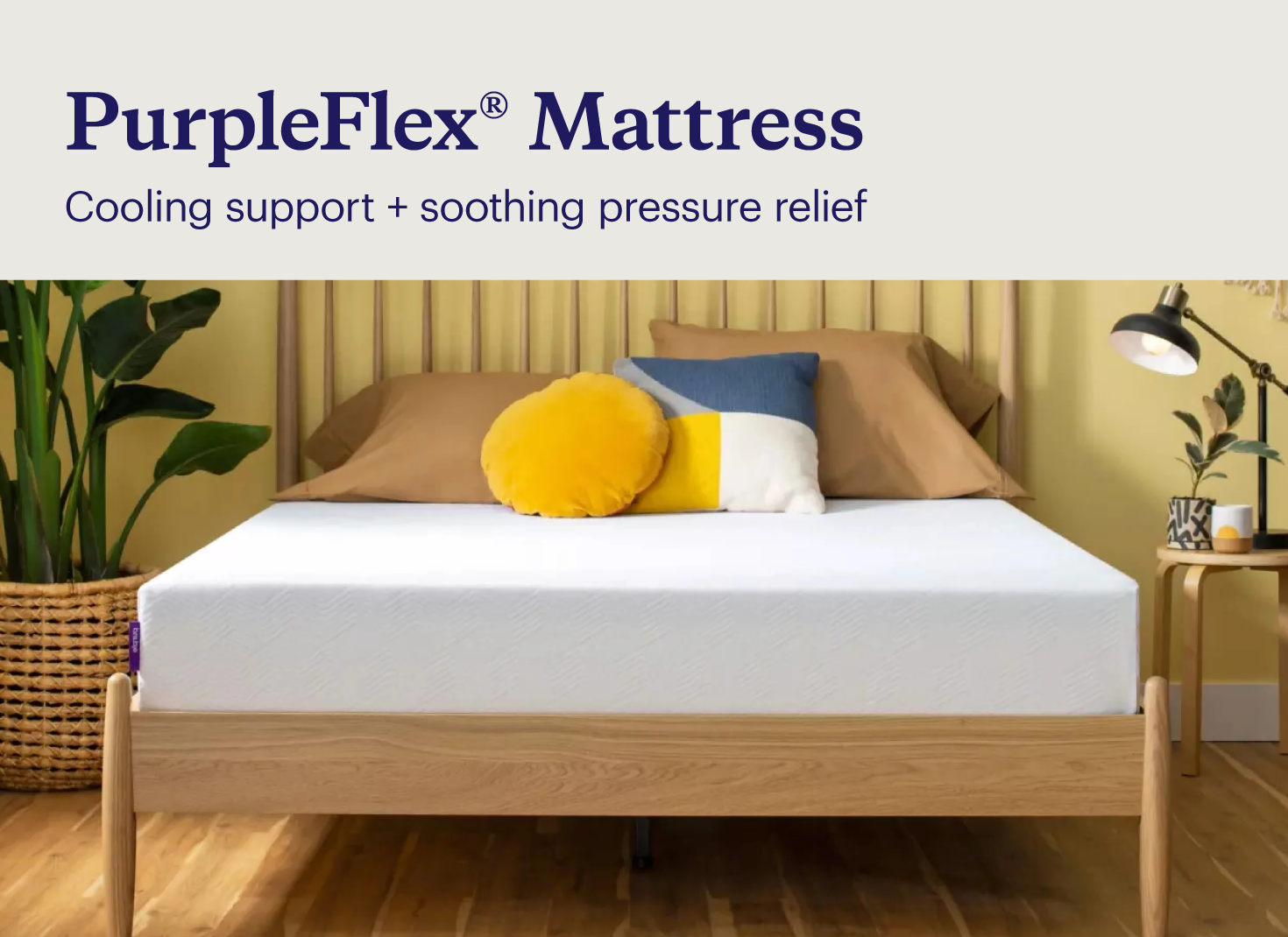 Key features of the Purple® Mattress shown with the mattress in a tropical bedroom.