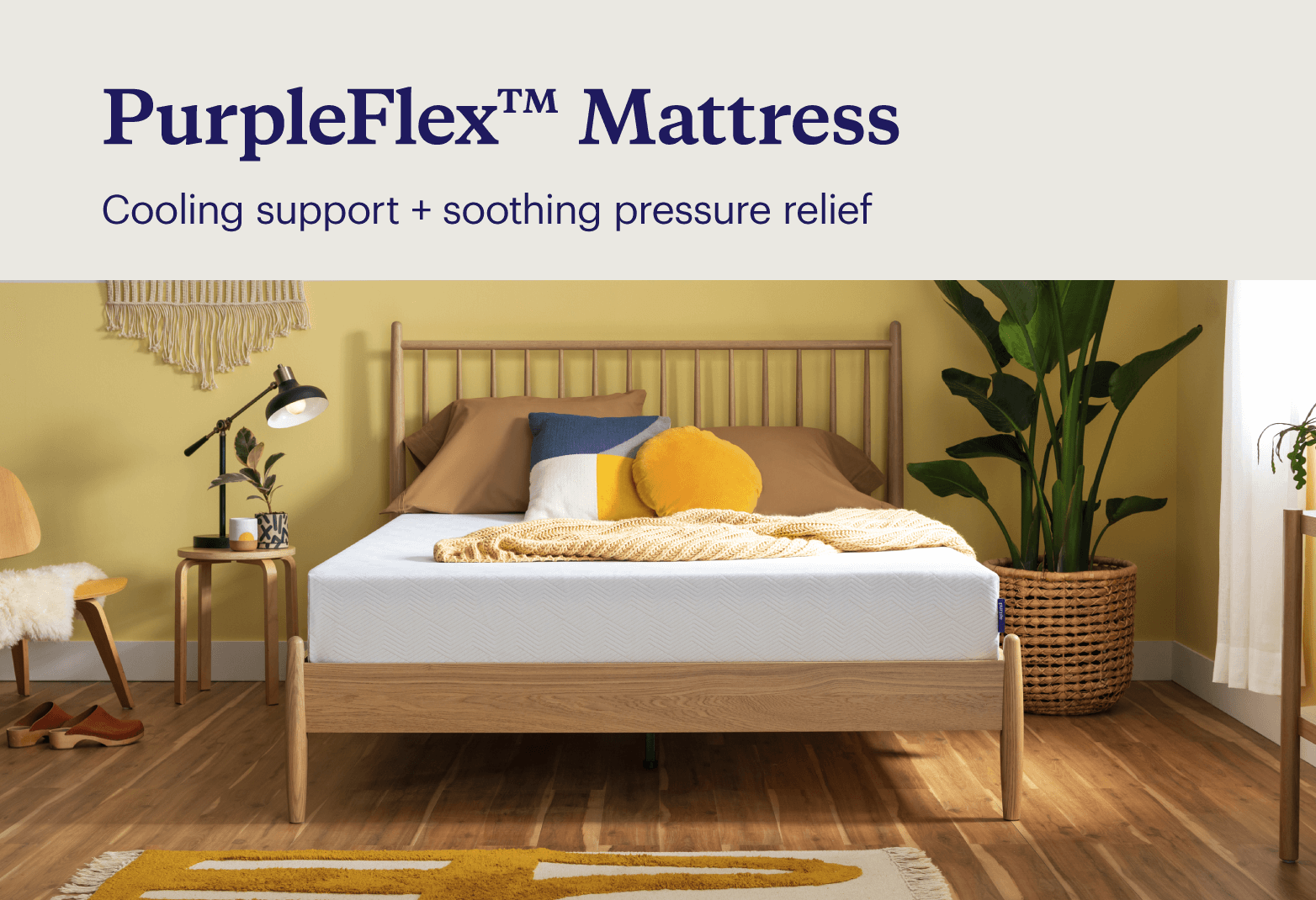 Key features of the PurpleFlex™ mattress shown with the mattress in a beachy bedroom