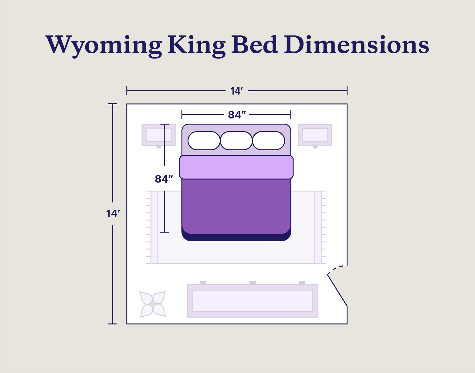 Wyoming king bed dimensions at 84-by-84 inches shown in a 14-by-14 foot room