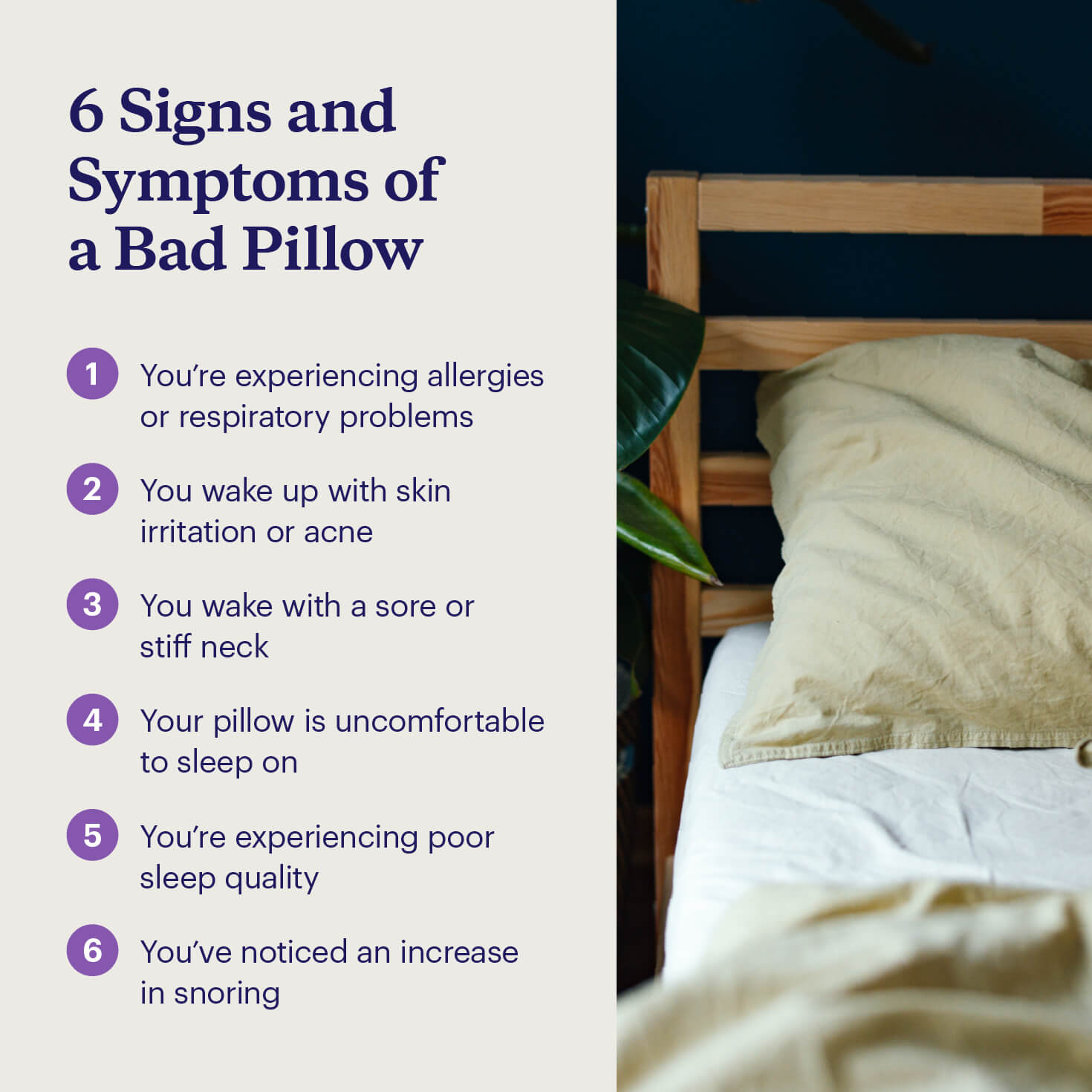 The six symptoms of a bad pillow, including excessive snoring, neck pain, and allergies