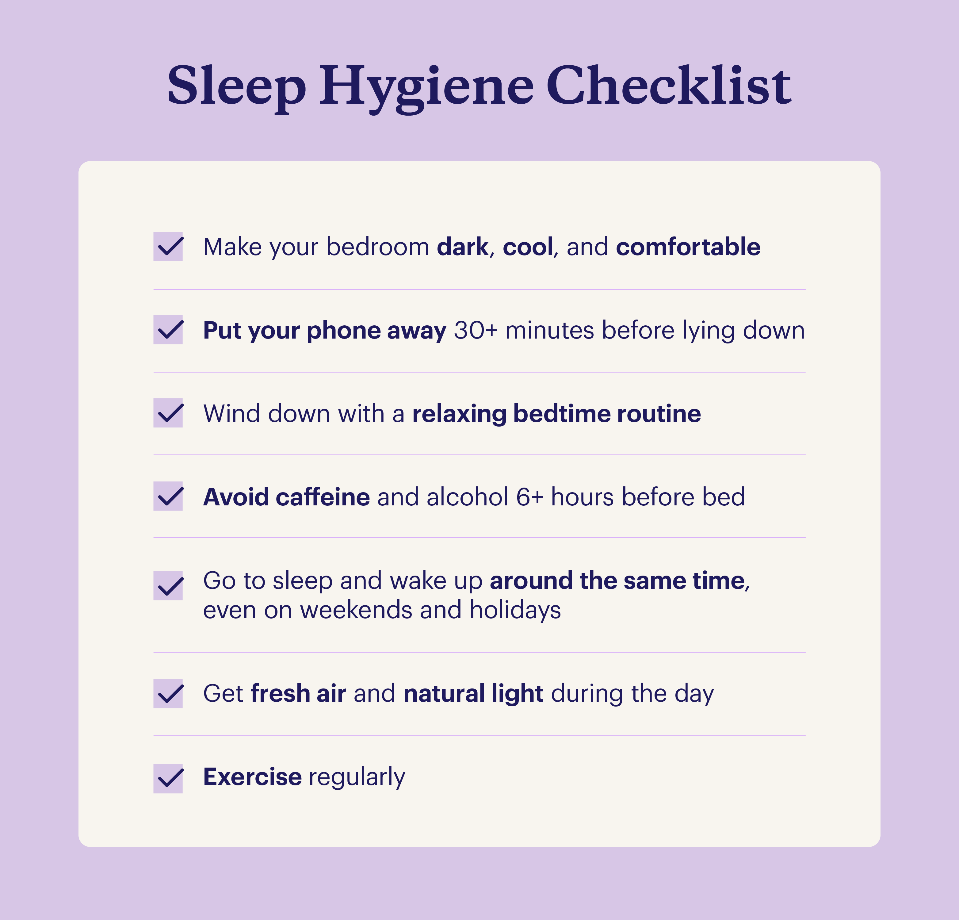 A checklist with 7 steps for good sleep hygiene.