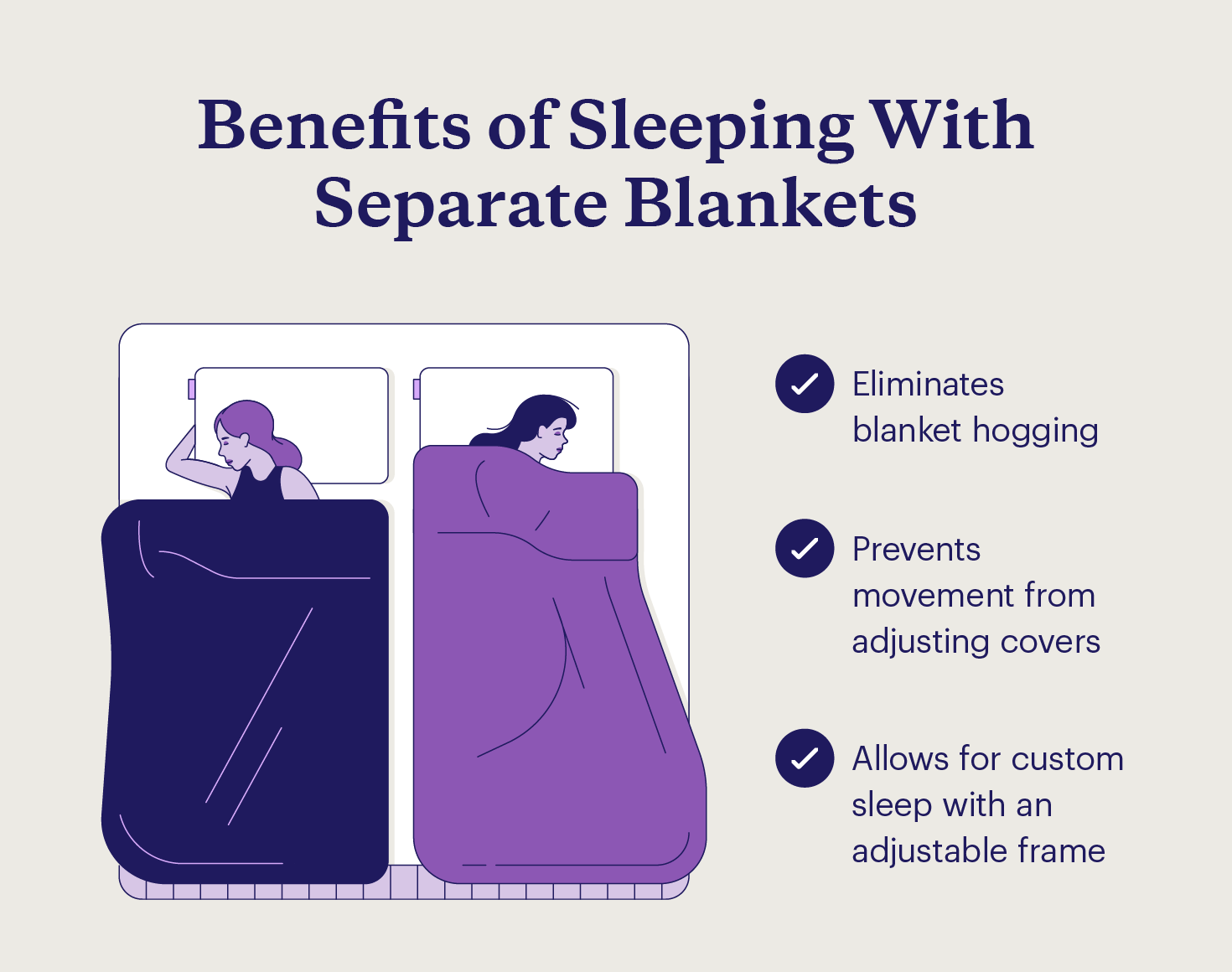 The benefits of sleeping with separate blankets like preventing motion from adjusting covers.