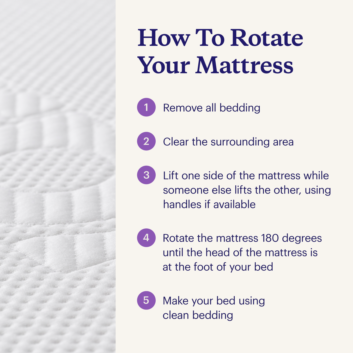 Five steps to safely rotate a mattress.