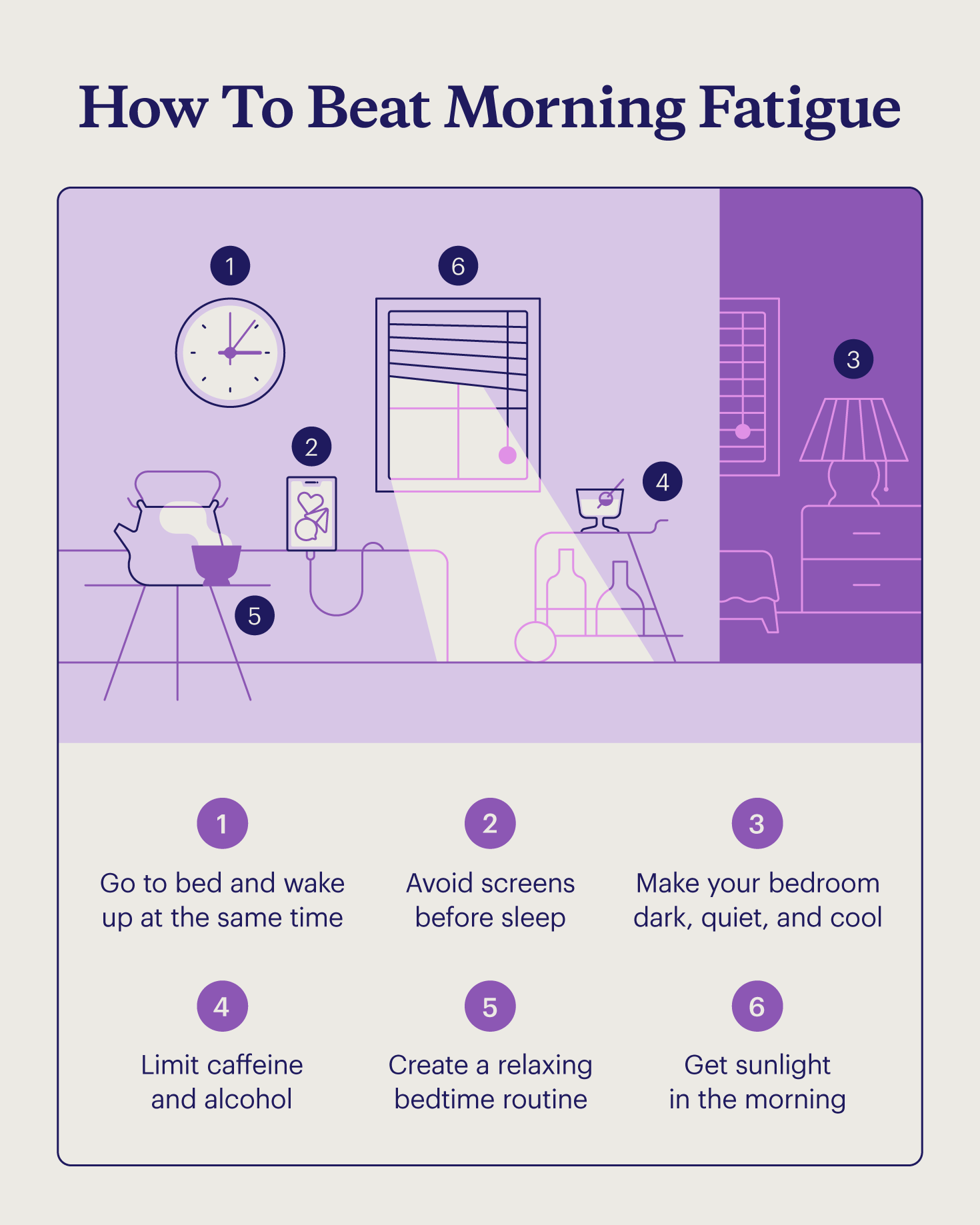 A list of 6 tips for how to avoid waking up tired. 