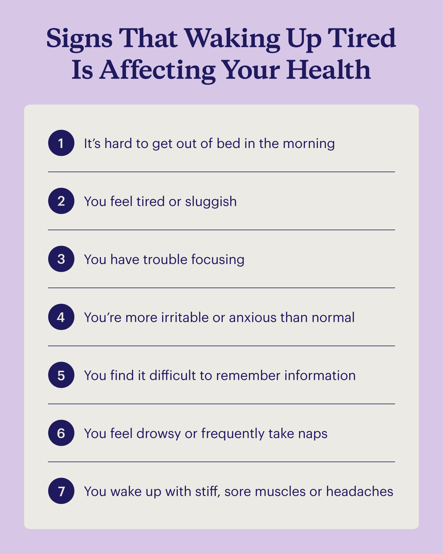  A list of common signs that waking up tired is impacting your health.