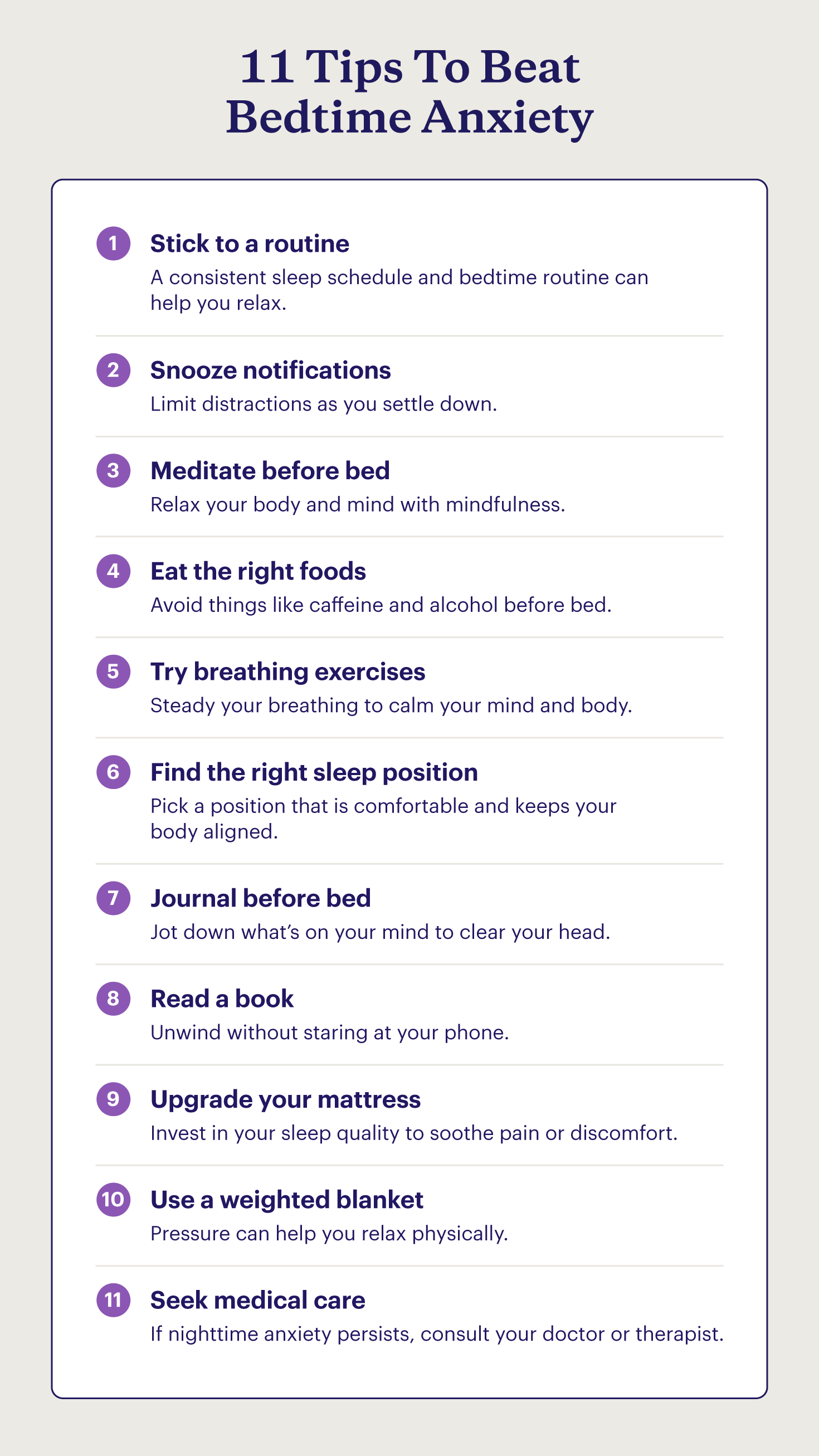 A list of 11 ways to calm anxiety at night. 