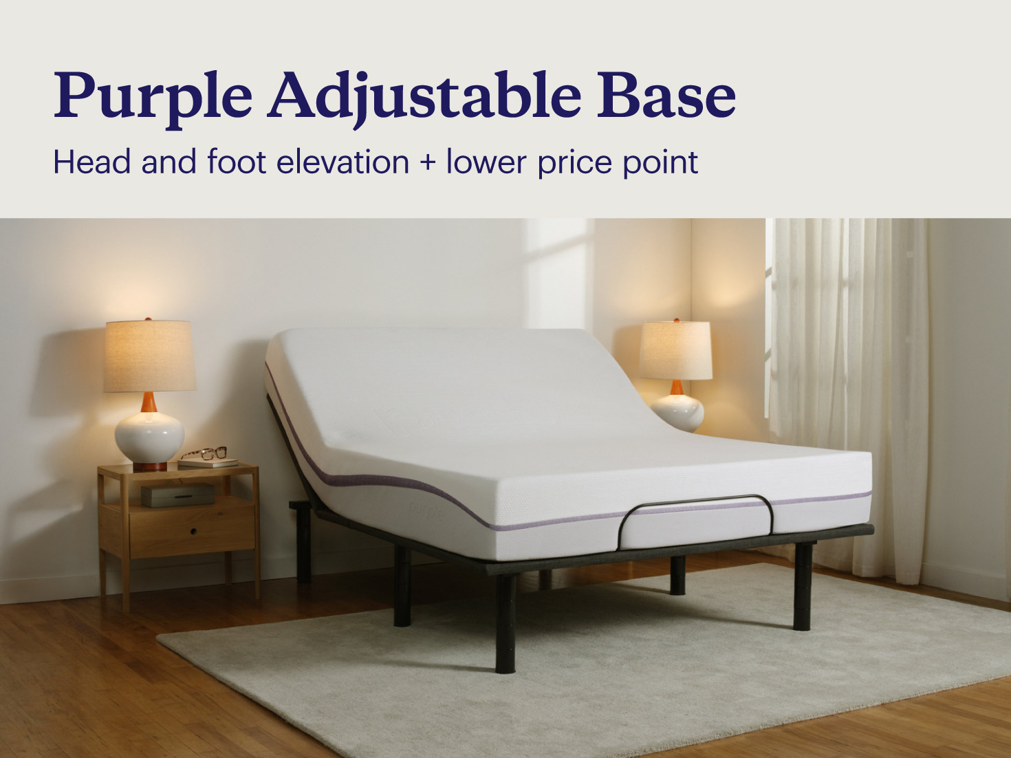 A picture of a Purple Plus mattress on a Purple Adjustable Base with two key features.