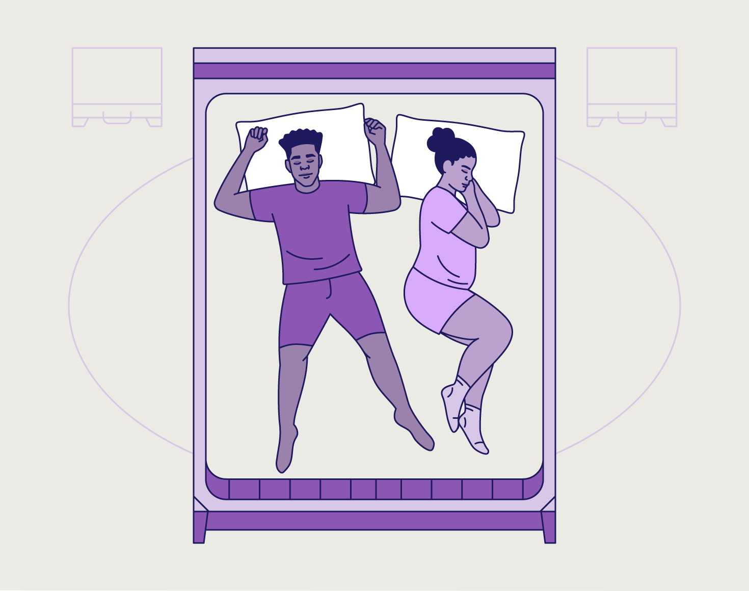 A masculine figure sprawled on the bed leaving little room for a feminine figure.