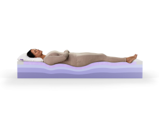 Woman laying on Purple Plus with exposed mattress layers