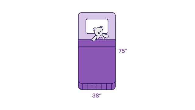 Illustration of a teddy bear tucked in the covers of a twin size bed with measurements 38-by-75 inches.