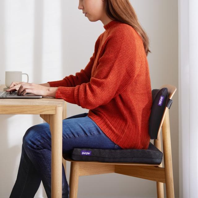 Sitting at a desk with Purple Seat Cushions