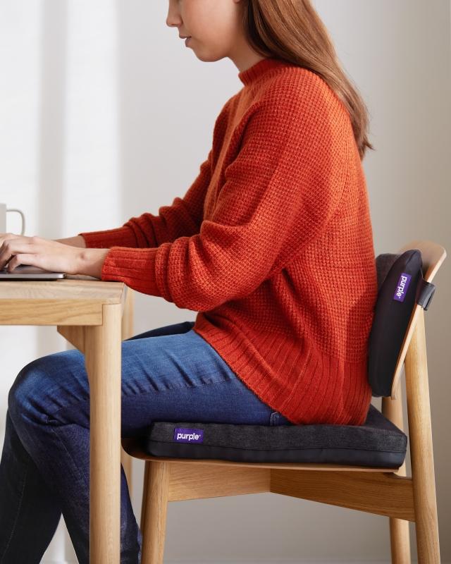 Sitting at a desk with Purple Seat Cushions