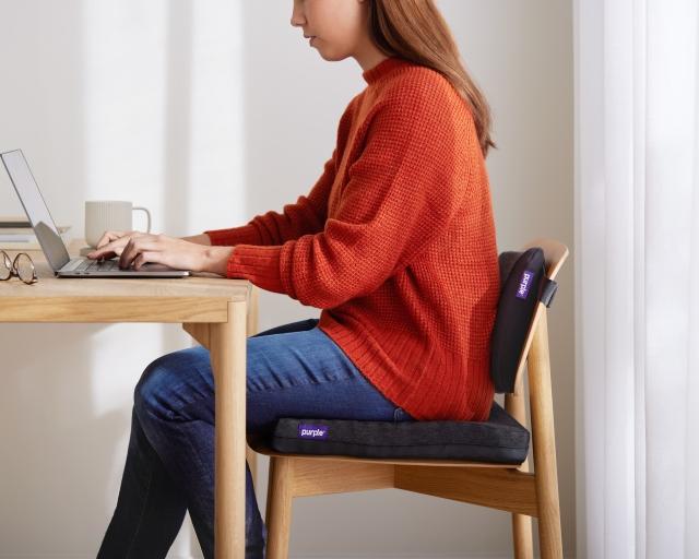 Sitting at a desk with Purple Seat Cushions