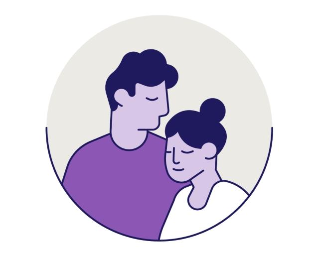 Illustration of a man and woman couple with in shades of purple over a gray background.