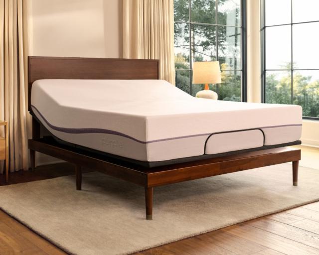 Purple mattress on an adjustable base
