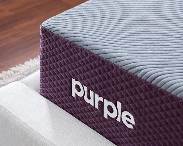 The corner of a Purple RestorePlus Hybrid mattress.