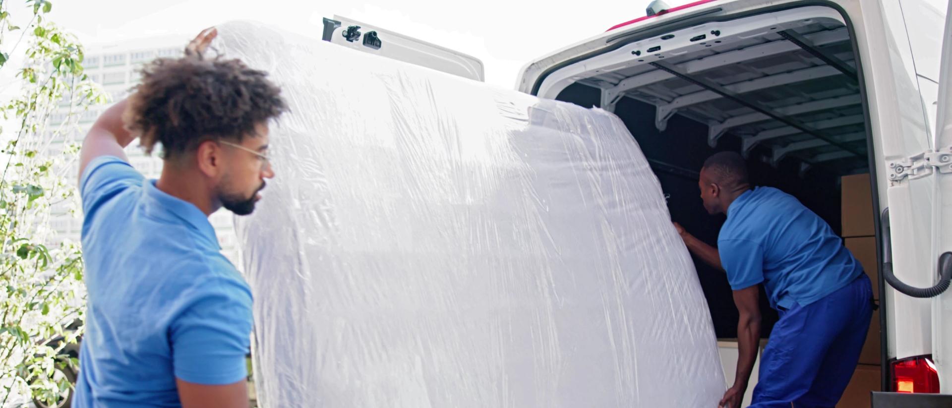 Two people moving a mattress into a moving van